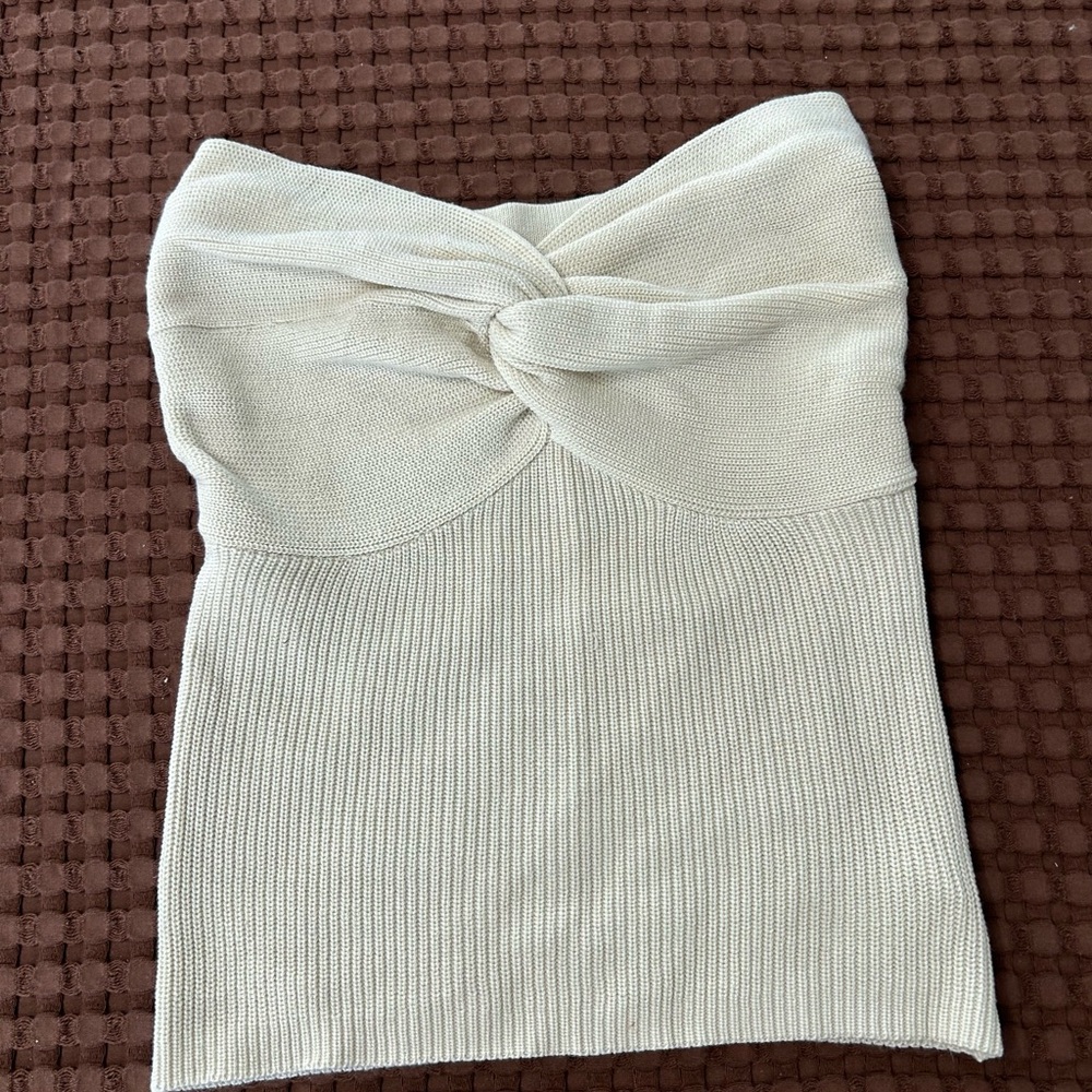 Cream Ribbed Knit Twist-Front Tube Top - Strapless Bandeau - Size M